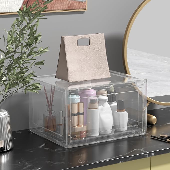 12 Packs Large Plastic Clear Shoe Boxes with Magnetic Door, Acrylic Display Case, Stackable Shoe Storage Organizer Container for Boot Sneaker