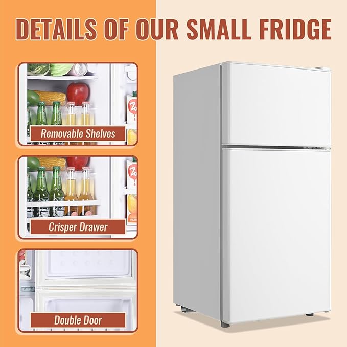 Small Refrigerator Mini Fridge with Double Doors & Separate Freezer & 7 Adjustable Temperature Control, Tiny Size & Personal Fridge Ideal for Office Apartment Dorm White
