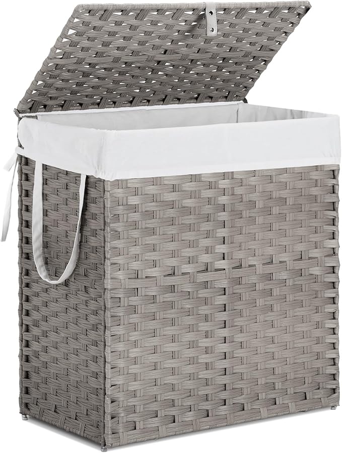 110L Laundry Hamper with Lid, Hand-Woven Pp Rattan Laundry Basket with Compartments & Handles, Removable Liner Bags,Foldable, Narrow Dirty Clothes Basket, Grey