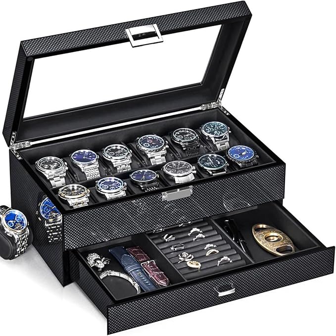 BEWISHOME High-End Watch Case, 12-Slot Wooden Watch Box with Valet Drawer, 2-Layer Watch Organizer Watch Display Case for Jewelry, Watch Storage Holder for Men Women Black SSH02A