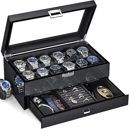 BEWISHOME High-End Watch Case, 12-Slot Wooden Watch Box with Valet Drawer, 2-Layer Watch Organizer Watch Display Case for Jewelry, Watch Storage Holder for Men Women Black SSH02A