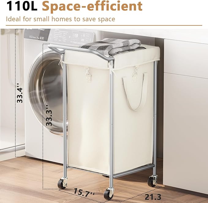 110L Large Laundry Hampers, Oxford Fabric Laundry Hampers Clothes Hampers, Metal Frame and Removable Bag Design with Wheels, Suitable for Bedroom, Bathroom, Dorm Room, Laundry Room (Silver Beige)