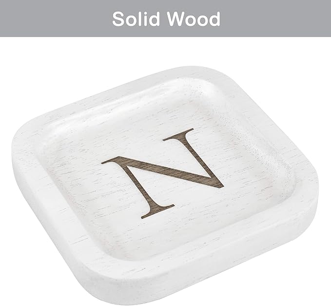 I'm Wooden Personalized Letter Catchall Valet Tray Trinket Dish Jewelry Tray Key Bowl Decorative Plate Organizing Ring Earrings Necklaces Bracelet Watch Coins Wallet Holder (6"x6" Sq White N)