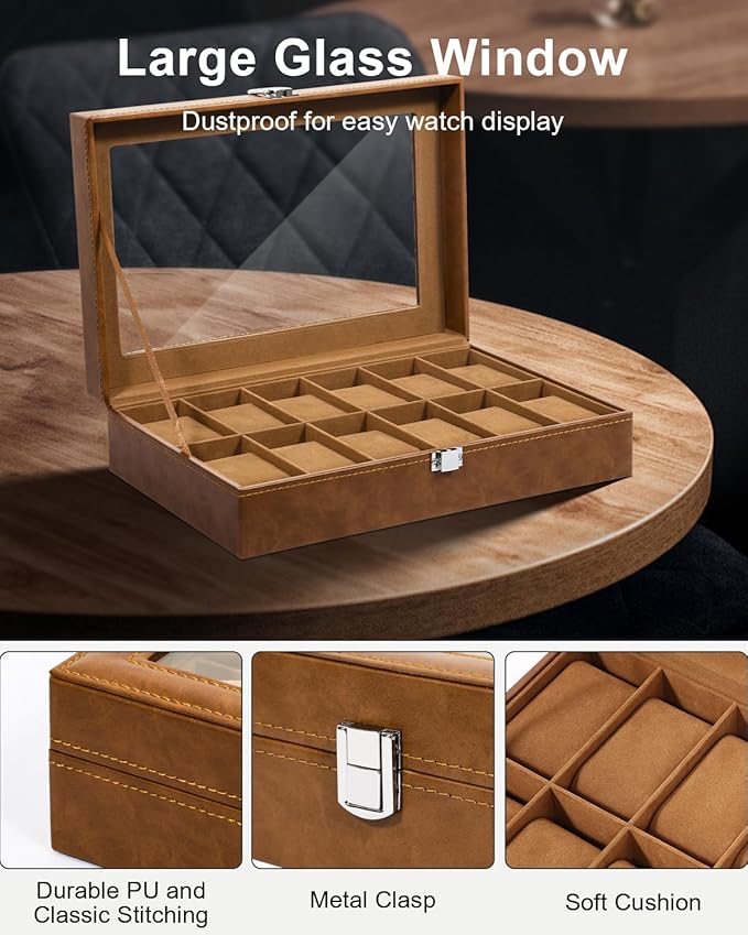Uten 12-Slot Watch Box, PU Leather Watch Case with Glass Lid, Watch Holder Organizer with Soft Pillow and Velvet Lining, Watch and Jewelry Storage Box, Brown