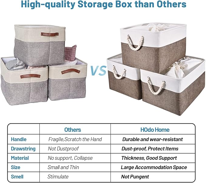 HOdo Home 15.8×11.8×9.5In/3PCS Fabric Storage Bin with Drawstring Closure and 2 Bold Handles, Collapsible Large Canvas Storage Baskets for Organizing Shelf Nursery Home Closet (Brown)