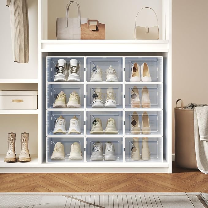 DUMOS Clear Shoe Storage Boxes, 15-Pack Plastic Stackable Shoe Containers with Lids, Display Sneaker Case Organizer for Closet, Under Bed, Entryway,White (Fit Size 9)