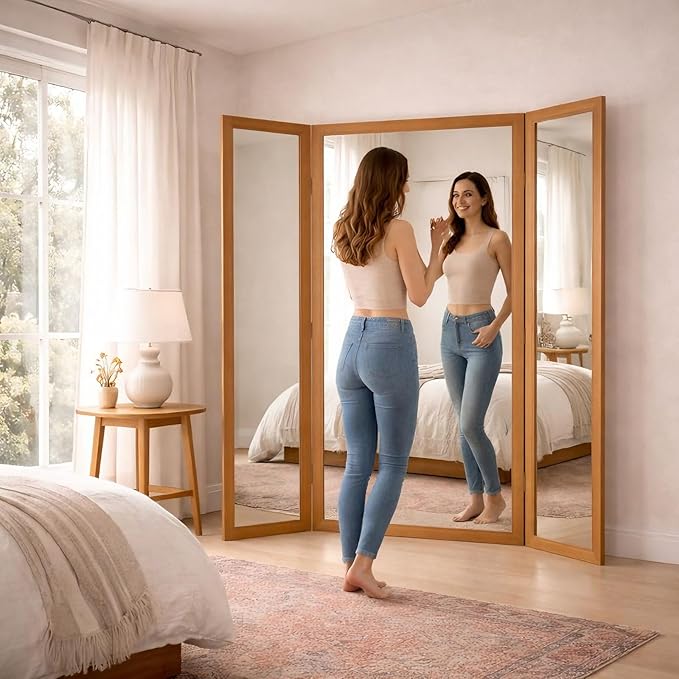 Trifold Mirror Full Length with Tempered Glass, 3 Way Oversized Extra Large Floor Mirror with Wood Frame, Decorative Mirror for Home,Wedding Dress/Clothing Shop/Bedroom/Closet, 71"x67" (Brown)