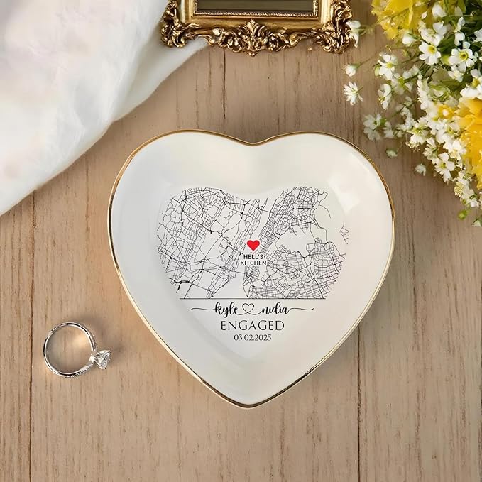 Chillever Custom Map Engaged Trinket Dish, Location Engagement Gifts For Couple Jewelry Tray, Ring Dish, Newly Engaged Ring Holder Best Gift For Lover 1