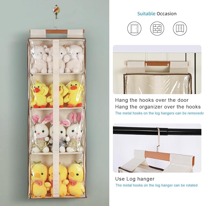 Clear Hanging Handbag Storage Organizer with Zippers, Easy Access Purse,Toy,Yarn,Hat Storage Over The Door Purse Organizer Space Saving 4 Pockets for Closet Bedroom Living Room (Beige)