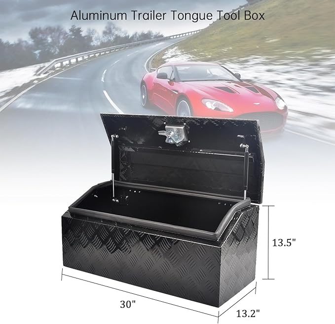 30'' Inch Aluminum Trailer Tongue Tool Box Truck Bed Toolbox Underbody Storage Organizer Waterproof Square Storage Organizer with Lock and Keys Black(‎30" L x 13.2" W x 13.5" H)