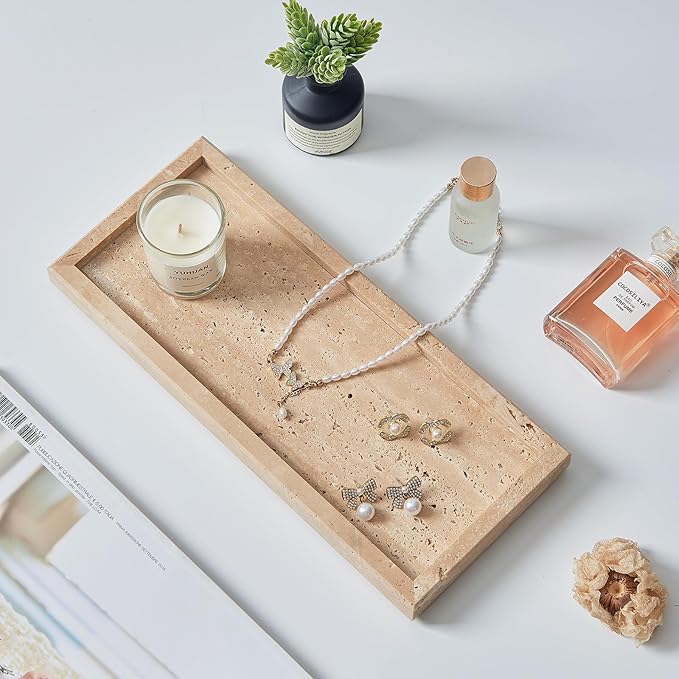 Natural Small Travertine Tray for Bathroom Vanity and Kitchen Sink, Stone Countertop Organizer for Soap Dispenser, Jewelry, Perfume, Candle, Ring, Home Decor, Non-Resin Non-Ceramic