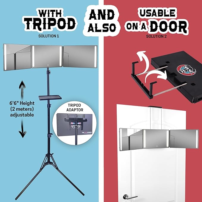 LIPFISBARBERSHOP.COM 360° Mirror with Tripod, 3-Way Mirro for Self Hair Cutting, Includes Crystal-Clear Glass, 4 LEDs, USB-C Fast Charging, Rechargeable Battery (360 Mirror + Tripod + Adapter)
