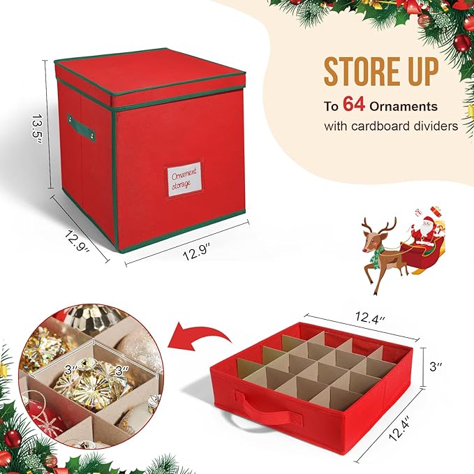WDZREE Premium Large Christmas Ornament Storage,Box with Side Open, Drawer Style Trays - 3" Compartment, 4 Trays, Keeps 64 Holiday Ornaments -Made of Durable 600D Oxford Fabric Tear-Proof Material