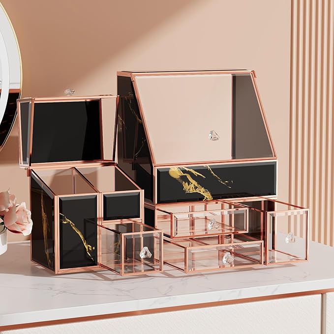 Makeup Organizer Black,Glass Vanity Organizer for Skincare, Perfume, Brushes & Lipsticks – Countertop Makeup Storage Box for Women, Bathroom or Dresser