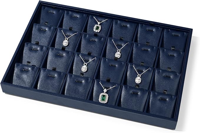 Leather Necklace Tray Jewelry Display Tray 24 Grids Necklace Display Trays Necklace Storage for Drawers With Removable Jewellery Cards Necklace Pendant Tray (Blue