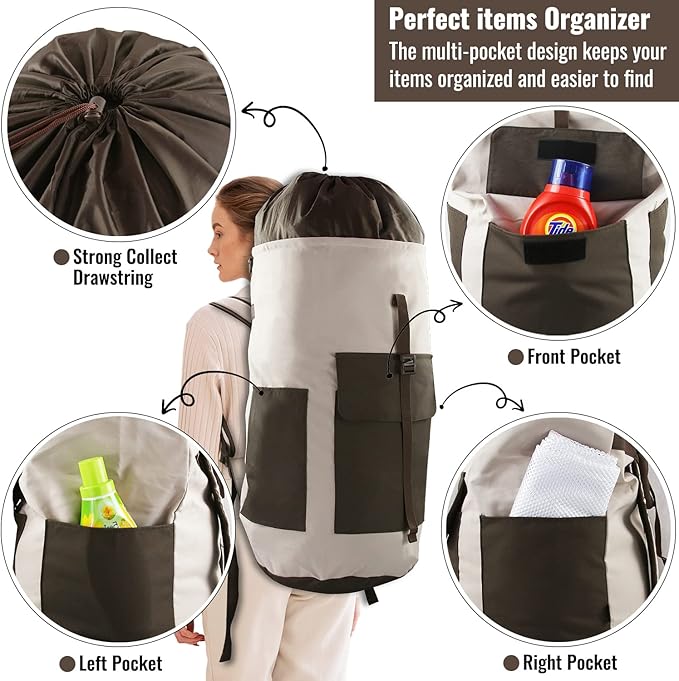 Laundry Bag Backpack, 125L Extra Large Laundry Backpack with Shoulder Straps, Adjustable Extendable Laundry Hamper Bag with 3 Pockets for College, Travel, Camping (Khaki)