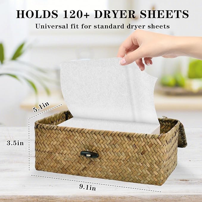 Dryer Sheet Holder, Woven Seagrass Dryer Sheet Container with Lid, Farmhouse Dryer Sheet Box Decor, Dryer Balls Dispenser for Laundry Room Organization and Storage-Natural Color