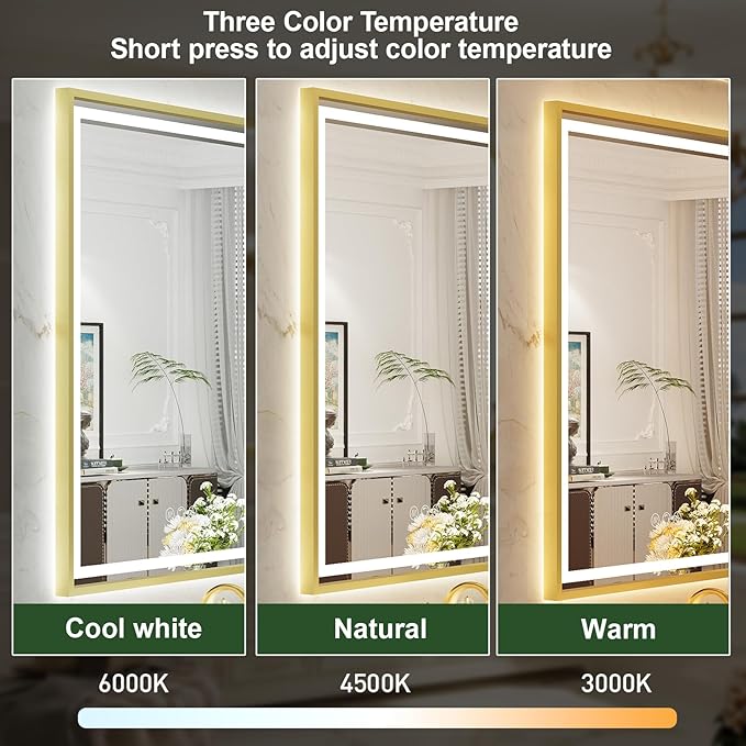 LED Bathroom Mirror, 28x36 Inch Frontlit & Backlit Gold Framed Lighted Mirror,Wall Mouted Vanity with Lights,Double Lights Strips,Anti Fog Stepless 3 Colors Temperature & Dimmable