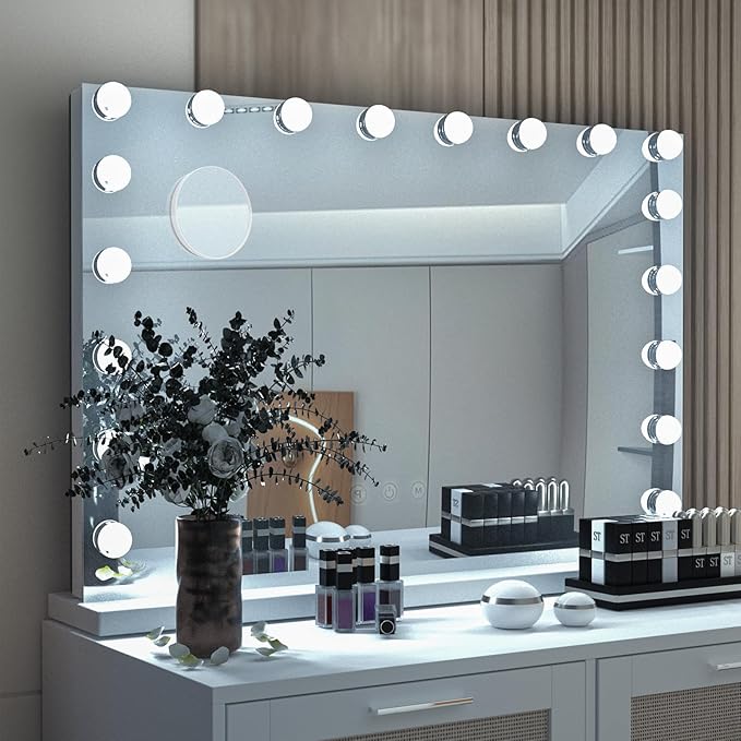YOURLITE Vanity Mirror with Lights, 32"X25" Large Hollywood Mirror with Lights with 18 Bulbs, 3 Colors Modes & Adjustable Brightness,Vanity Mirror 10x Spot Mirror, USB Charging Port
