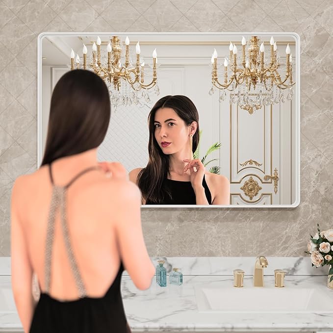 LOAAO 40x30 Inch White Metal Framed Bathroom Mirror for Wall, White Bathroom Vanity Mirror Farmhouse, Large Rounded Rectangle Mirror, Anti-Rust, Tempered Glass, Hangs Horizontally or Vertically