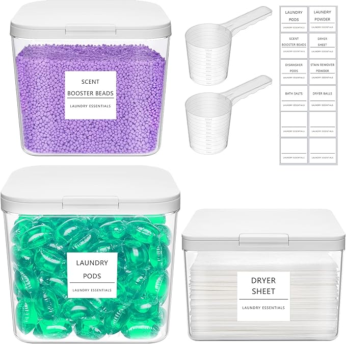 Lifewit Laundry Pods Container with Pop-up Lid, Detergent Dispenser, Dryer Sheet Holder, Laundry Room Organization Storage Jars for Washing Powder, Soap, Scent Booster Beads,0.5+0.72+1.2gal, 3 Pcs