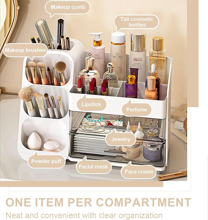 Makeup Organizer with Drawer, Skincare Products Perfume Desk Storage Box, Beauty Holder Rack for Lipstick Brush Eyeliner, Cosmetic Display Case for Dresser Countertop & Bathroom Vanity (White)
