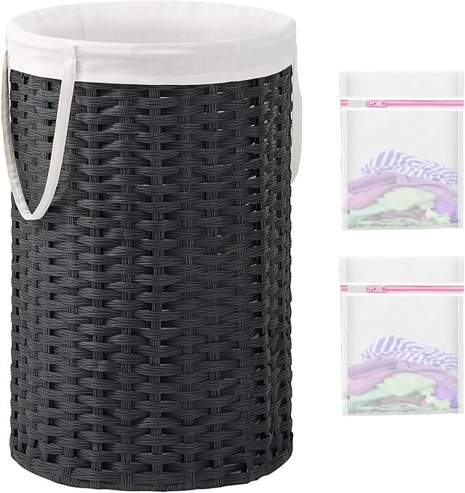 34.3 Gal (130 L) Large Laundry Hamper Laundry Basket Round Handwoven Wicker Laundry Baskets Rattan Laundry Basket with Removable Bag Handles 2 Mesh Bags for Living Room Bedroom Black (No Lid)