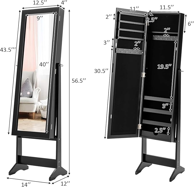 GOFLAME Jewelry Cabinet, Jewelry Organizer with Full Length Mirror Door, Standing Makeup Mirror Cabinet, Freestanding Jewelry Organizer with Large Storage Capacity (Black)