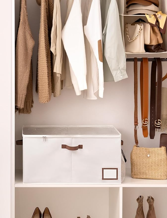 StorageWorks Shoe Organizer for Closet, Fits up to 20 Pairs, Shoe Cubby Storage Containers with Side Mesh Pocket and Clear Cover, Beige