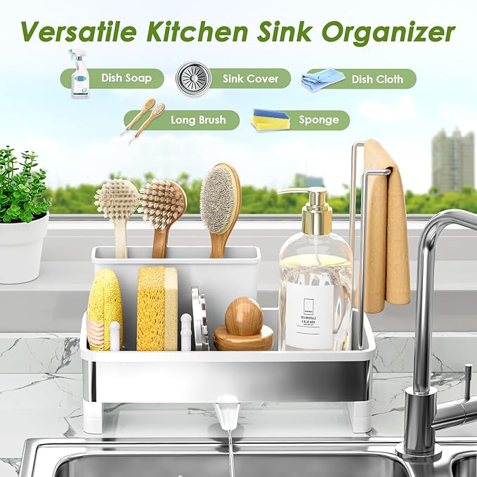 Stainless Steel Sink Caddy, Sponge Holder for Kitchen Sink with Brush Holder & Dishcloth Rack, Rustproof Organizer Countertop, Soap Dispenser Kitchen Organizers Storage Essentials, White