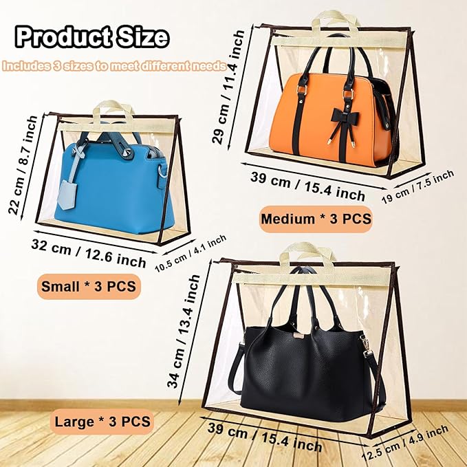 9 Pack Dust Bags for Handbags,Clear Purse Storage Organizer for Closet,3 Sizes Transparent Handbag Storage,Purse Protector Storage Bag,Purse Cover Hanging Closet Organizer with Zipper Handles