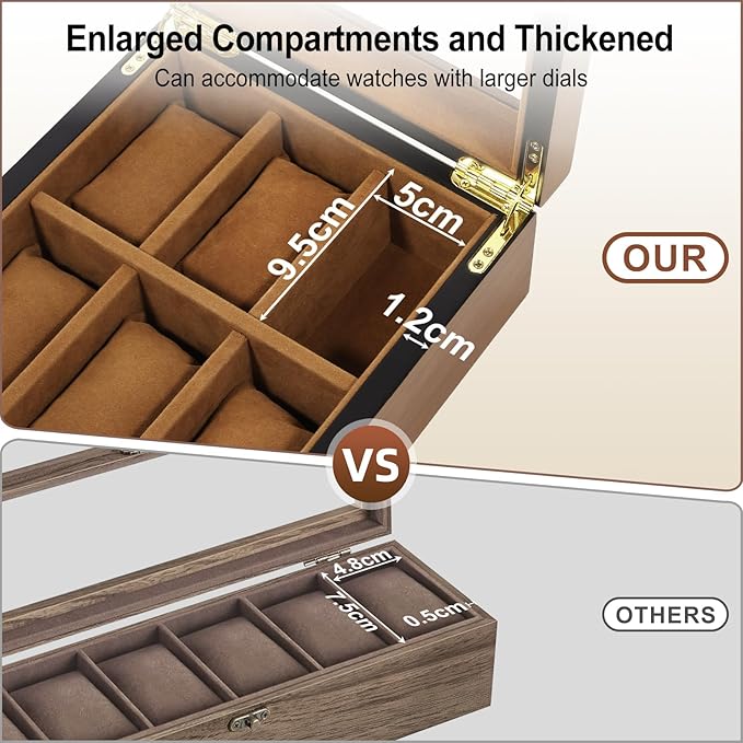 Uten Watch Box with 6 Slots, Watch Case Organizer with Golden Lock and Key, Wooden Watch Display Storage Box with Removable Watch Cushions, Velvet Lining, Metal Clasp