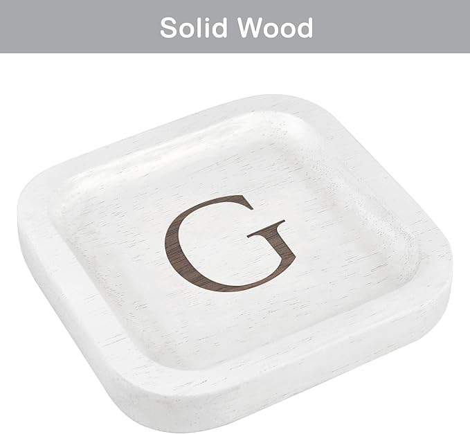 I'm Wooden Personalized Letter Catchall Valet Tray Trinket Dish Jewelry Tray Key Bowl Decorative Plate Organizing Ring Earrings Necklaces Bracelet Watch Coins Wallet Holder (6"x6" Sq White G)