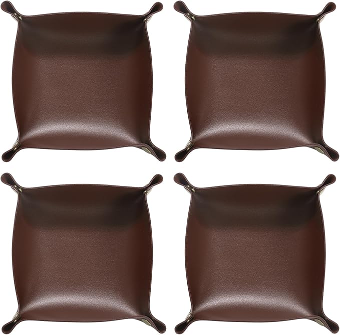 HARFINGTON 4pcs PU Leather Valet Tray Unisex Folding Small Catchall Tray Portable Entryway Table Tray Nightstand Bedside Desk Tray for Key Wallet Watch Coin Jewelry Dice, Dark Brown