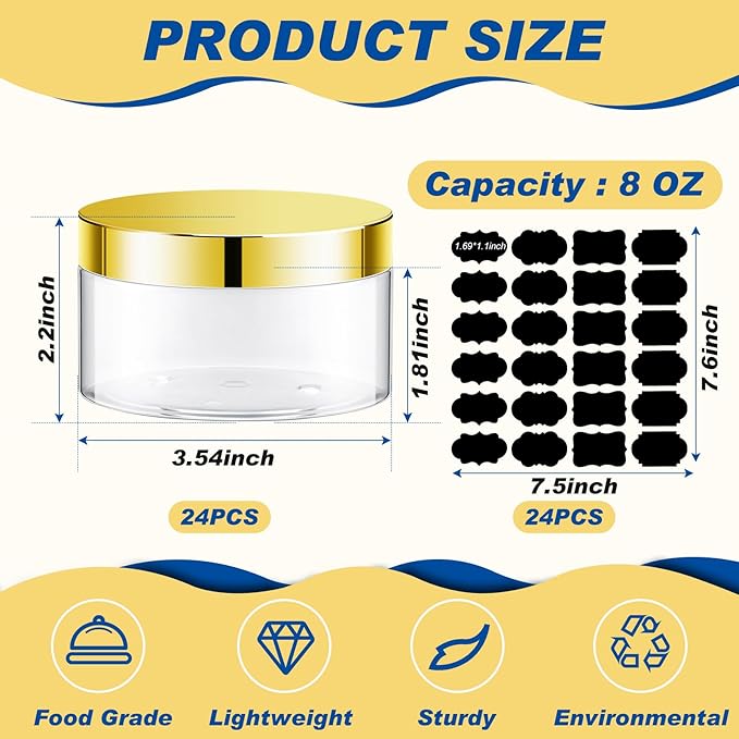 Dandat 24 Pcs 8 oz Plastic Jar Container with Lid and Label Refillable Empty Round Clear with Gold Pet Cosmetic Sample Slime Containers for Lotion, Cream, Ointments, Body Butter, Makeup Travel Storage