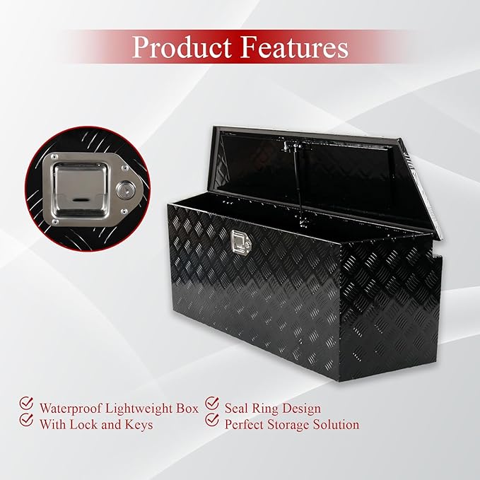 49''Inch Aluminum Trailer Tongue Tool Box Truck Bed Toolbox Truck Trailer Chest Box Underbody Storage Organizer Waterproof Square Storage Organizer w/Lock & Keys Black(‎49" Lx15 Wx18.5 H)