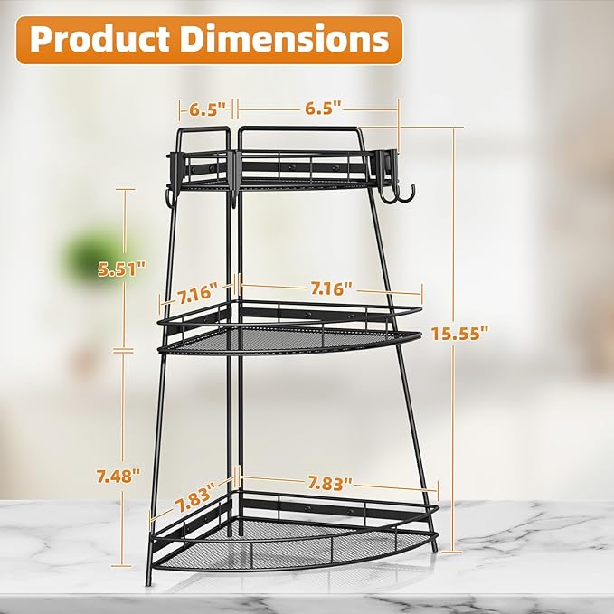 VITVITI 3 Tier Corner Bathroom Counter Organizer, Metal Bathroom Countertop Organizer Shelf Storage, Bath Room Sink Makeup Organizers for Vanity Skincare with Hooks, Black