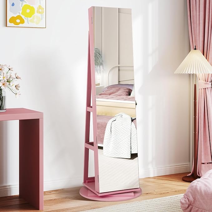 CHARMAID 360° Swivel Jewelry Armoire with Full Length Mirror, Rear Storage Shelves, Lockable Standing Jewelry Cabinet Organizer with Interior Vanity Mirror and 3-Color Lights (Pink)