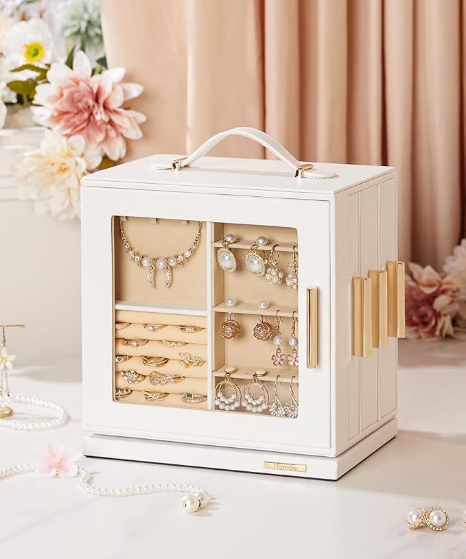 Homde Valentine's Day gifts Jewelry Box 360° Rotating, Necklace Earring Organizer with Transparent Window, Mirror, 7 Drawers, Large Ring Display Storage Case for Girls Women (White)