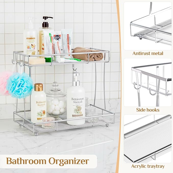 Bathroom Organizer Countertop Perfume Organizer Makeup Organizer Cosmetics Storage Display Rack Vanity Tray Dresser Steel chrome Shelf Transparency Wavy Acrylic Tray (2 Tier Chrome)