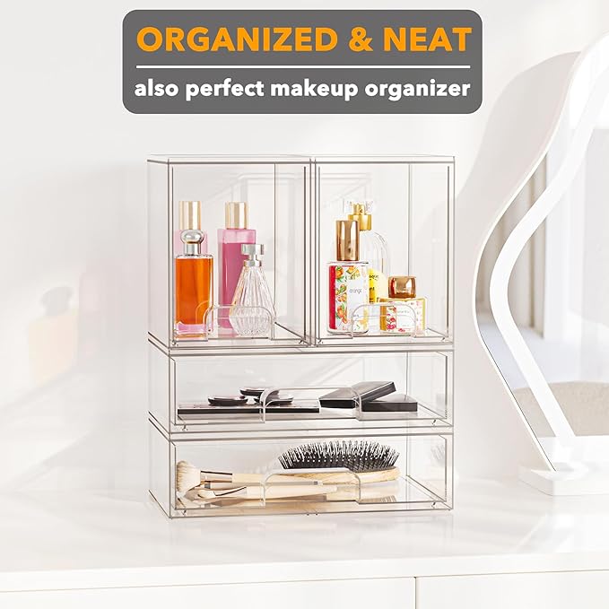 SpaceAid Bottle Storage Organizer Baby - Acrylic Bottles Station Organizer Container, Stackable Clear Drawers for Countertop, Vanity, Bathroom, Cabinet, Pantry Organization, 4 Pack, 2M2L, 14.4" H