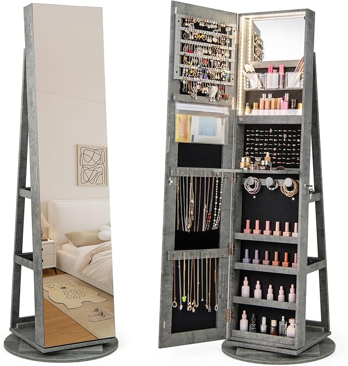 Mirror Jewelry Cabinet Standing with Full Length Mirror, 360° Swivel Jewelry Armoire with 3-Color LED Lights & Foldable Makeup Shelf, Lockable Organizer for Women, Space-Saving (Stone Gray)