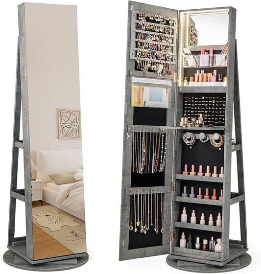 Mirror Jewelry Cabinet Standing with Full Length Mirror, 360° Swivel Jewelry Armoire with 3-Color LED Lights & Foldable Makeup Shelf, Lockable Organizer for Women, Space-Saving (Stone Gray)