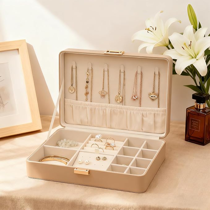 Leather Jewelry Box with Lock Small Jewelry Chest for Women Gift Box for Necklace, Ring, Earring Storage Portable Design Apricot
