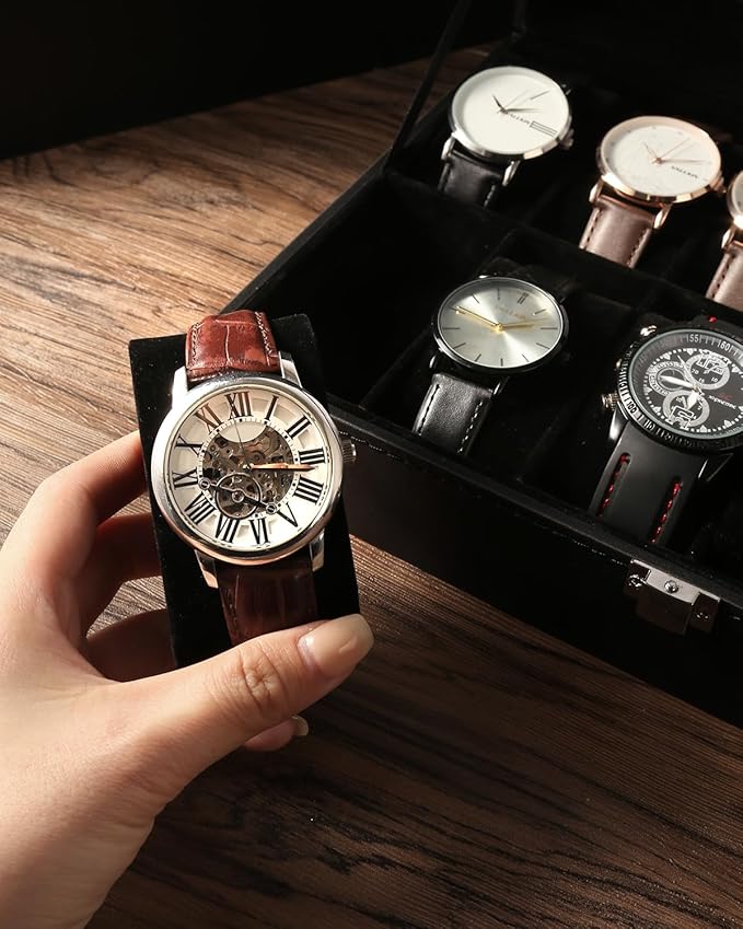 Uten Watch Box 10 Slots, Watch Box for Men, Watch Display Case, Watch Storage Box with Removable Cushion, Metal Clasp, PU Leather, Black
