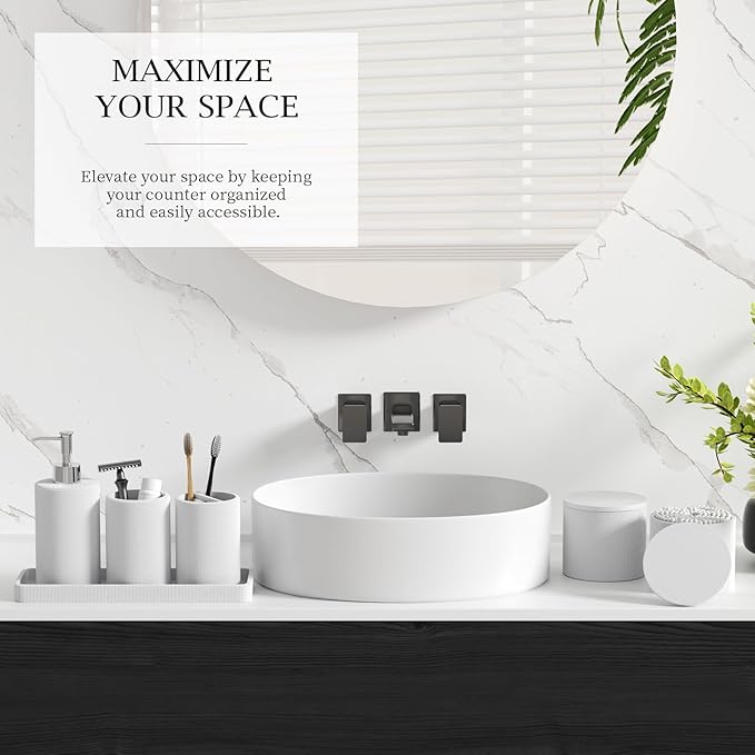 6-Piece White Bathroom Set - Mesh Textured Resin Bathroom Accessories Set with Soap Dispenser, Toothbrush Holder, Cup, Vanity Tray & Apothecary Jars for Small Spaces
