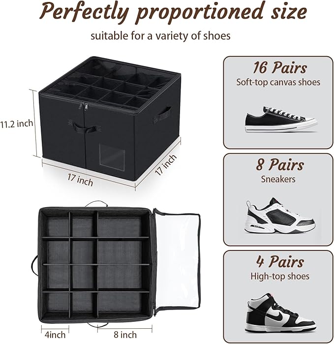 Shoe Storage Organizer, Fits 16 Pairs, Closet Shoe Box with Adjustable Dividers & Transparent Lid, Foldable Fabric Shoe Container with Handles for Space-Saving Shoe Storage (Black)