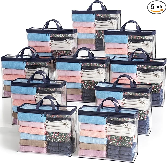 10 Pack Clear Storage Bags for Clothes, 22L Blanket Storage Bags, Under Bed Storage, Closet Organizers Bag, Upgraded Version Two-Way Zippers Design(Navy Blue)