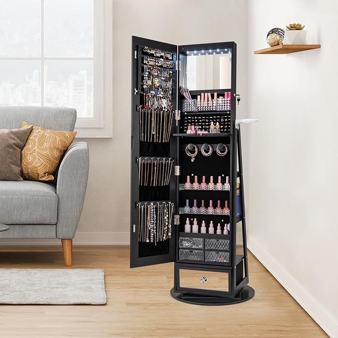 GOFLAME 360 Rotating Jewelry Cabinet with Full Length Mirror, Standing LED Jewelry Armoire, Lockable Jewelry Organizer with Hair Dryer Rack, Back Storage Shelves, Inner Makeup Mirror, Black