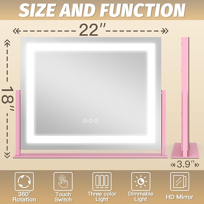 FENNIO Vanity Mirror with Lights 22''x18'' Makeup Mirror with Lights,Lighted Makeup Mirror with 10X Magnification，Smart Touch Screen with 3-Color Lighting,Dimmable（Square Pink）